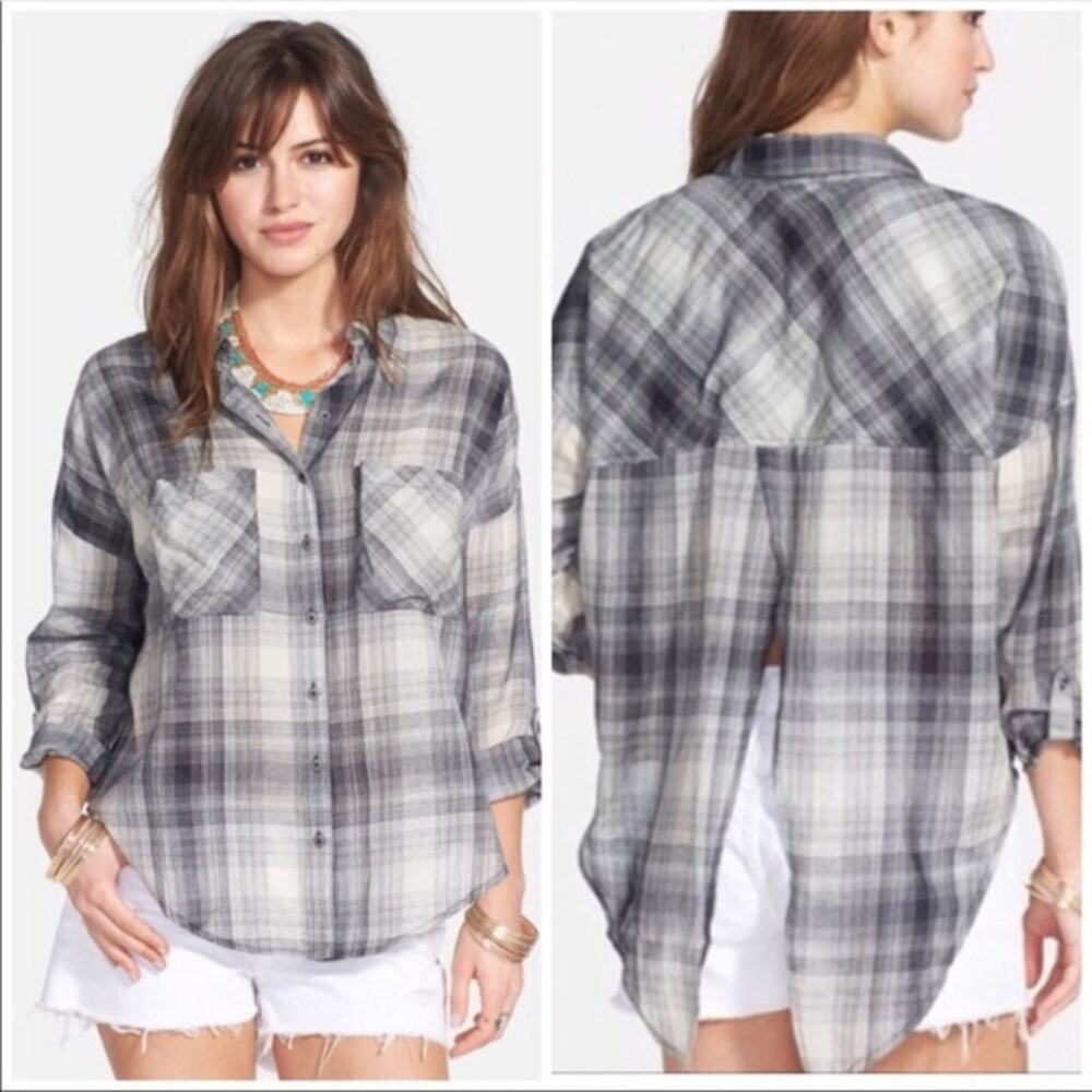 Free People Back Split Plaid Button-up shirt Size S